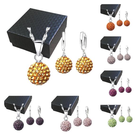 Silver Light Green Crystal Rhinestone Disco Ball Necklace & Dangle Earrings Set - Picture 3 of 3